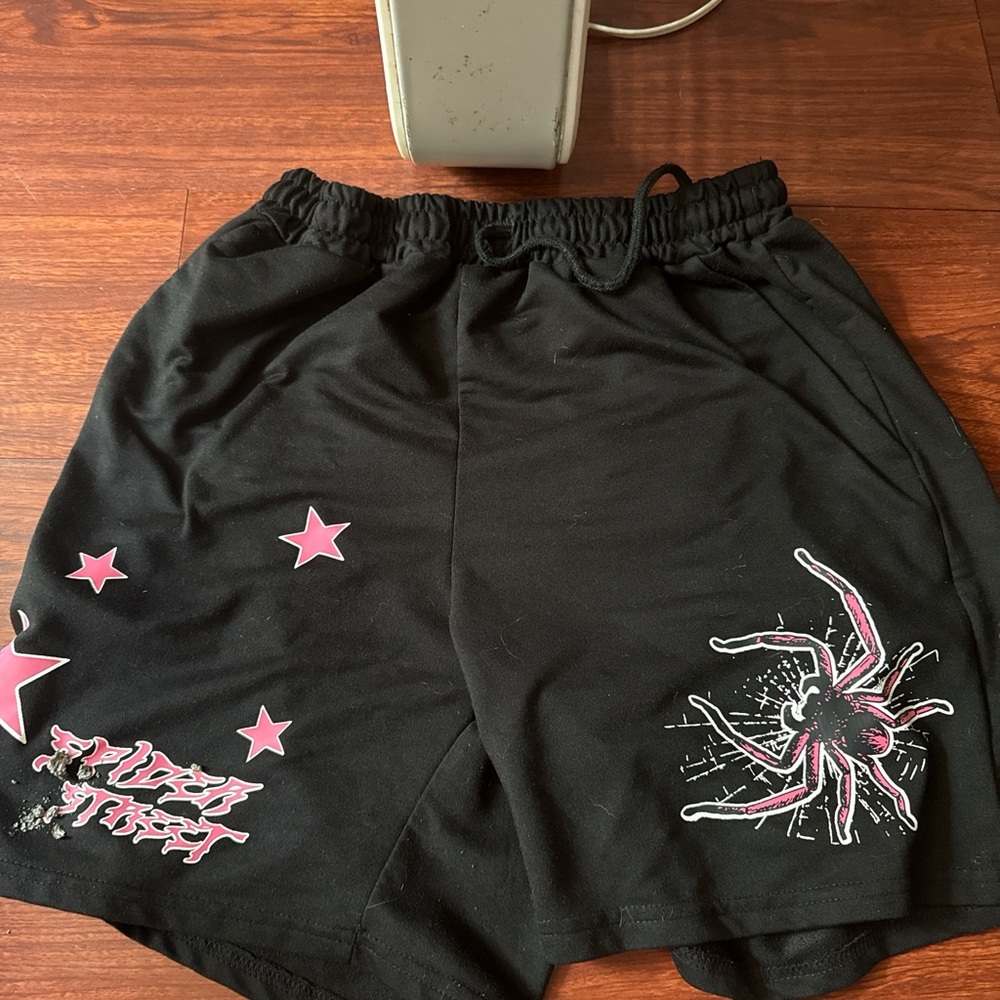 ROMWE Black and Pink Athletic Shorts with Tropical Design